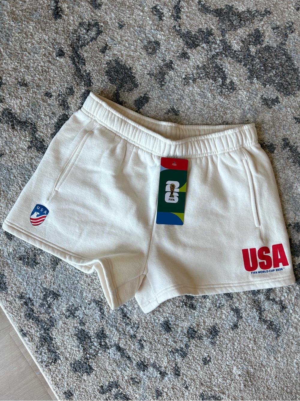 aerie x FIFA White Fleece Shorts with Red USA Logo
